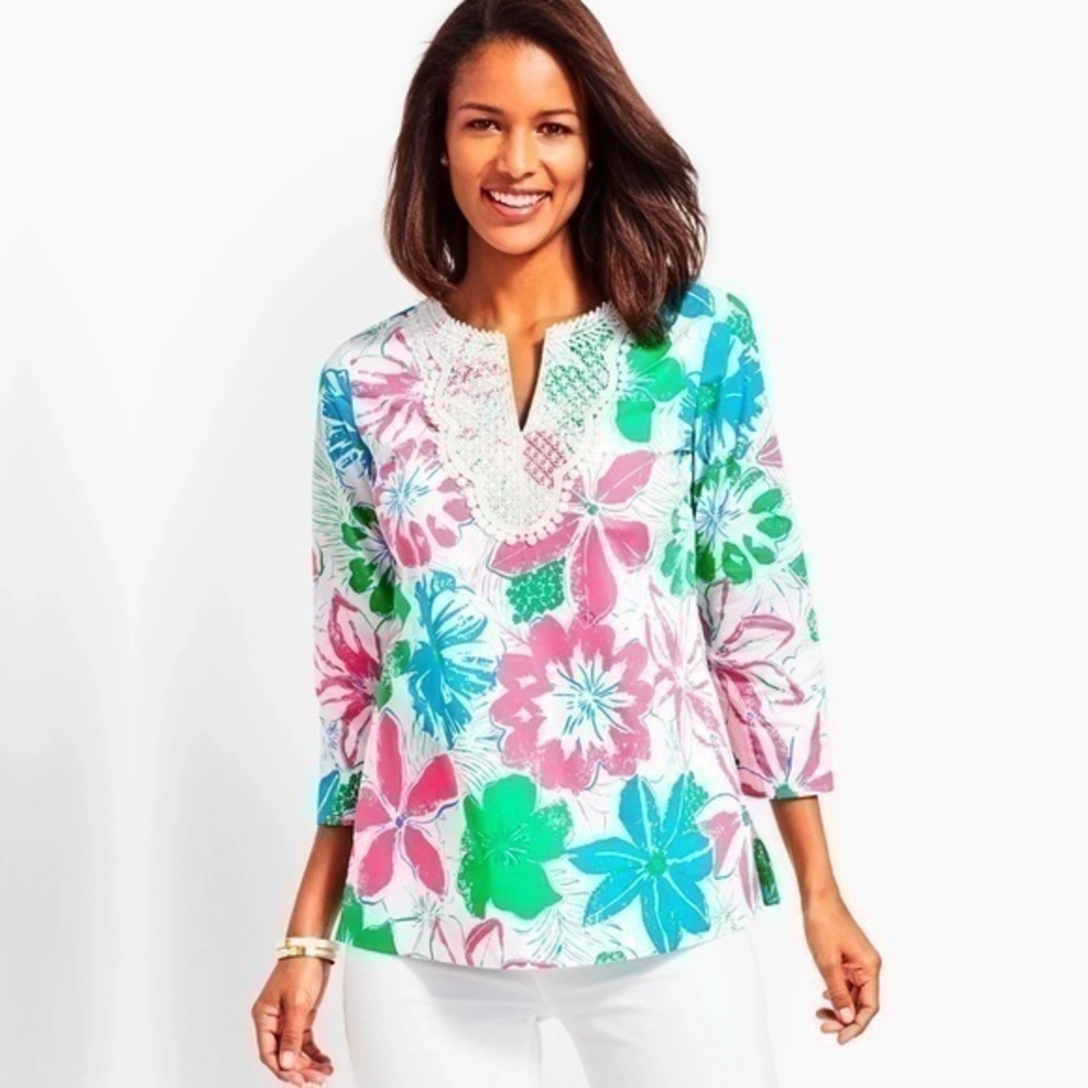 Talbots Lace Bib Anguilla Floral Tunic top 100% cotton size medium PTP 20